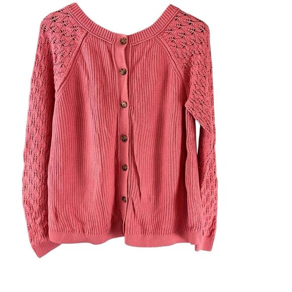 Ann Taylor Loft Sweater Pink Knit Crochet Sleeves Ribbed Button Back Pullover La - Picture 2 of 7